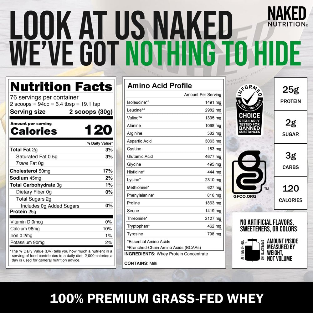 Naked WHEY 5LB 100% Grass Fed Unflavored Whey Protein Powder - US Farms, Only 1 Ingredient, Undenatured - No GMO, Soy or Gluten - No Preservatives - Promote Muscle Growth and Recovery - 76 Servings Naked WHEY 5LB 100% Grass Fed Unflavored Whey Protein Powder - US Farms, Only 1 Ingredient, Undenatured - No GMO, Soy or Gluten - No Preservatives - Promote Muscle Growth and Recovery - 76 Servings