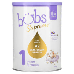 Bubs Supreme Infant Formula, Stage 1, Infants 0-6 Months, Made with A2 Beta-Casein Protein Cows Milk, 28.2 Oz Bubs Supreme Infant Formula, Stage 1, Infants 0-6 Months, Made with A2 Beta-Casein Protein Cows Milk, 28.2 Oz