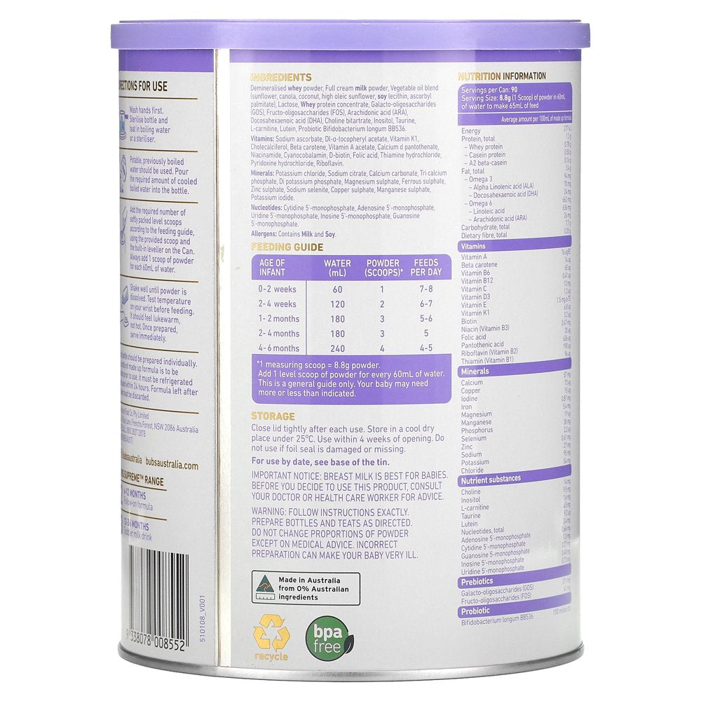 Bubs Supreme Infant Formula, Stage 1, Infants 0-6 Months, Made with A2 Beta-Casein Protein Cows Milk, 28.2 Oz Bubs Supreme Infant Formula, Stage 1, Infants 0-6 Months, Made with A2 Beta-Casein Protein Cows Milk, 28.2 Oz