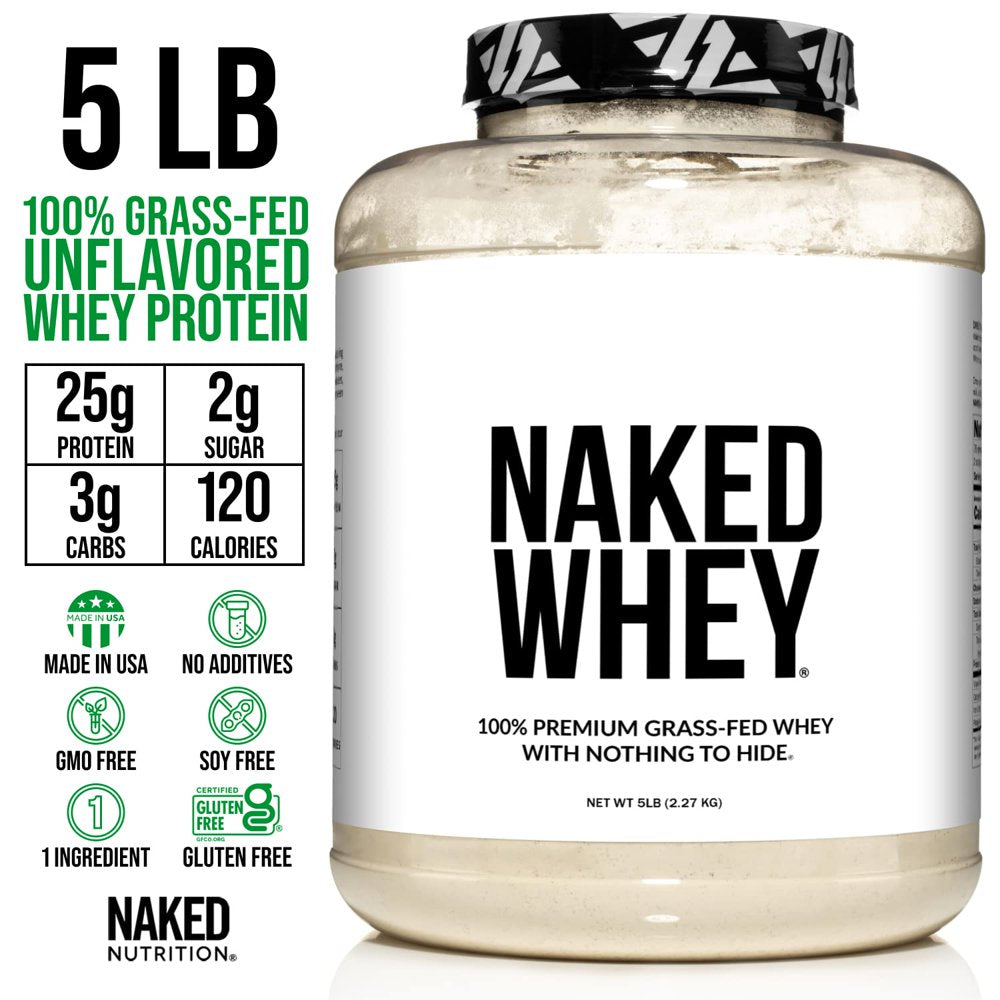 Naked WHEY 5LB 100% Grass Fed Unflavored Whey Protein Powder - US Farms, Only 1 Ingredient, Undenatured - No GMO, Soy or Gluten - No Preservatives - Promote Muscle Growth and Recovery - 76 Servings Naked WHEY 5LB 100% Grass Fed Unflavored Whey Protein Powder - US Farms, Only 1 Ingredient, Undenatured - No GMO, Soy or Gluten - No Preservatives - Promote Muscle Growth and Recovery - 76 Servings