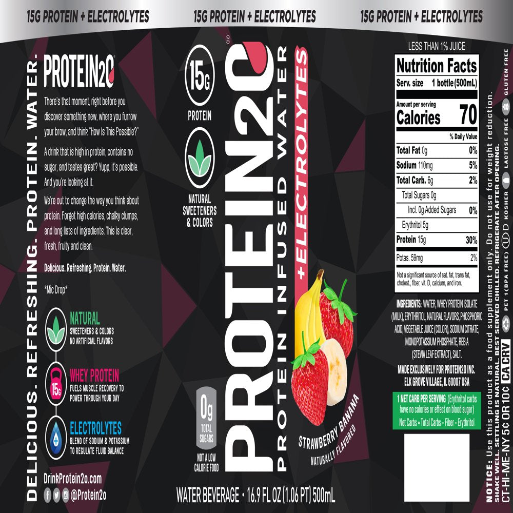 Whey Protein Infused Water plus Electrolytes, Strawberry Banana, 16.9 Fl Oz (Pack of 12) Whey Protein Infused Water plus Electrolytes, Strawberry Banana, 16.9 Fl Oz (Pack of 12)