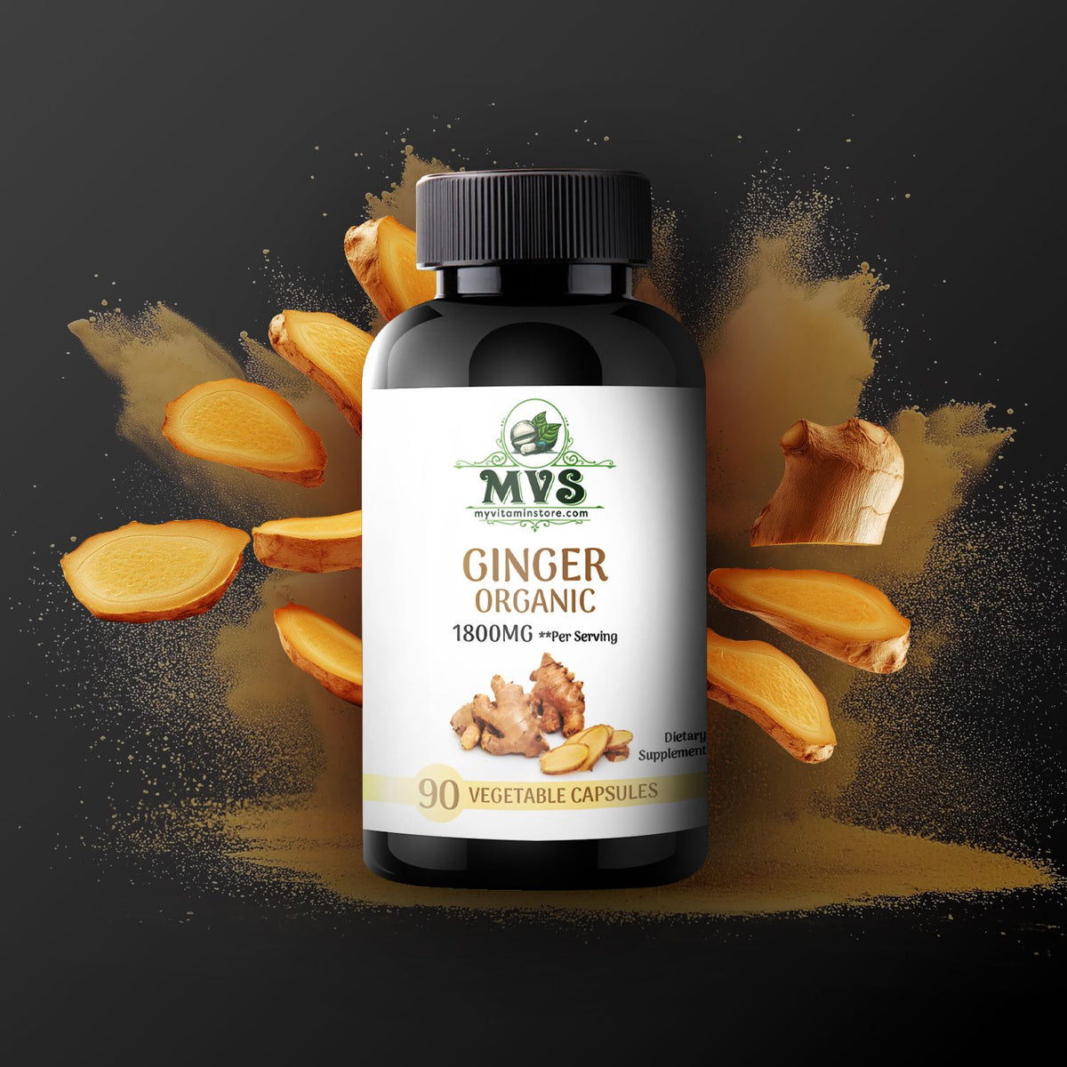 MVS (My Vitamin Store)  Ginger Root Capsules 900 mg per capsule, Digestive Comfort* Reduces Motion-Related Nausea*, 1800 mg per 90 CT 2 Capsules serving