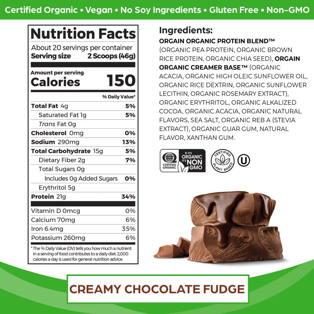 Organic Vegan 21G Protein Powder, Plant Based, Creamy Chocolate 2.03Lb