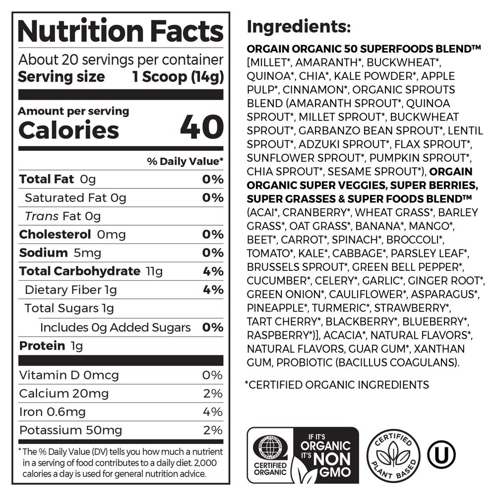 Organic Vegan Green Superfoods Nutrition Powder, Berry, 0.62Lb