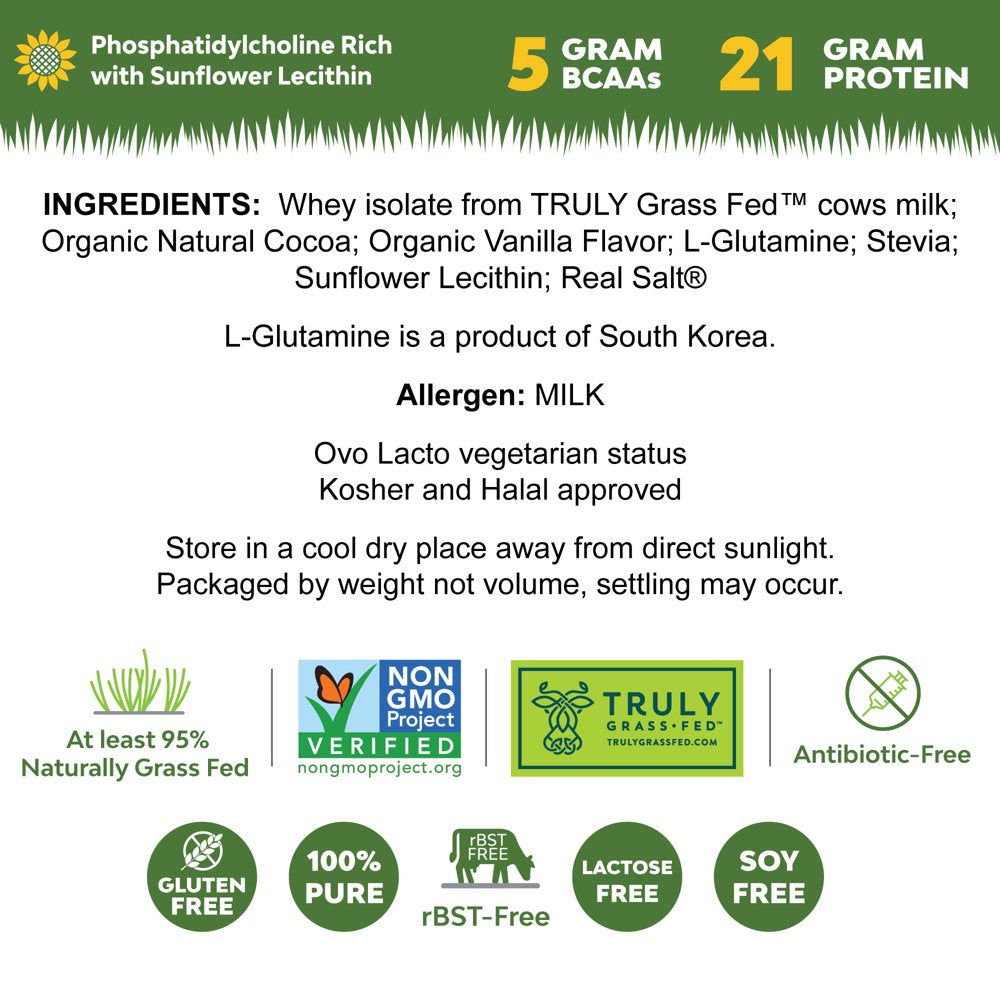 Grass-Fed Whey Isolate Protein Powder Rich Chocolate Malt 1LB - Cold Processed, Undenatured, Non-Gmo, Rbgh Free, Soy Free, Gluten Free