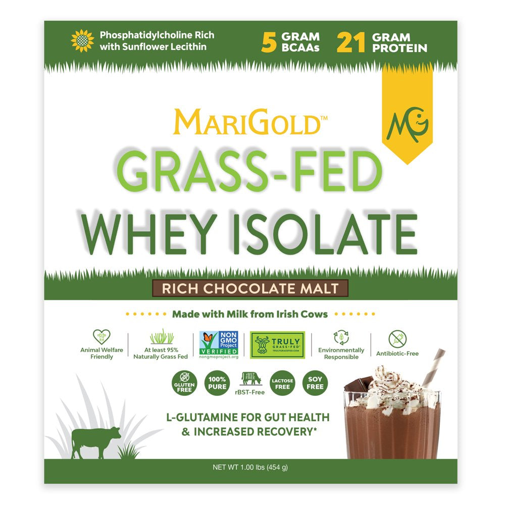 Grass-Fed Whey Isolate Protein Powder Rich Chocolate Malt 1LB - Cold Processed, Undenatured, Non-Gmo, Rbgh Free, Soy Free, Gluten Free