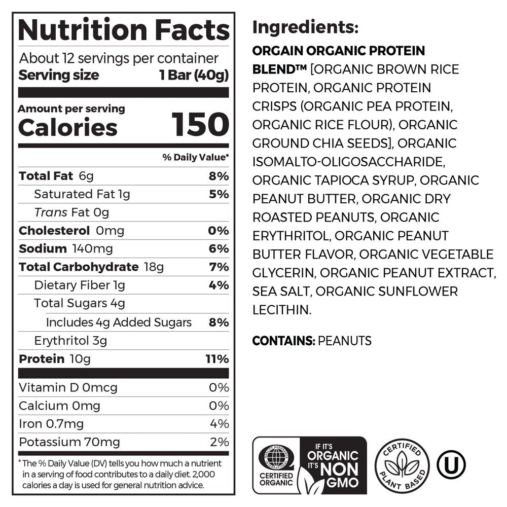 Organic Plant Based Protein Snack Bars, Peanut Butter, 16.9Oz, 12Ct