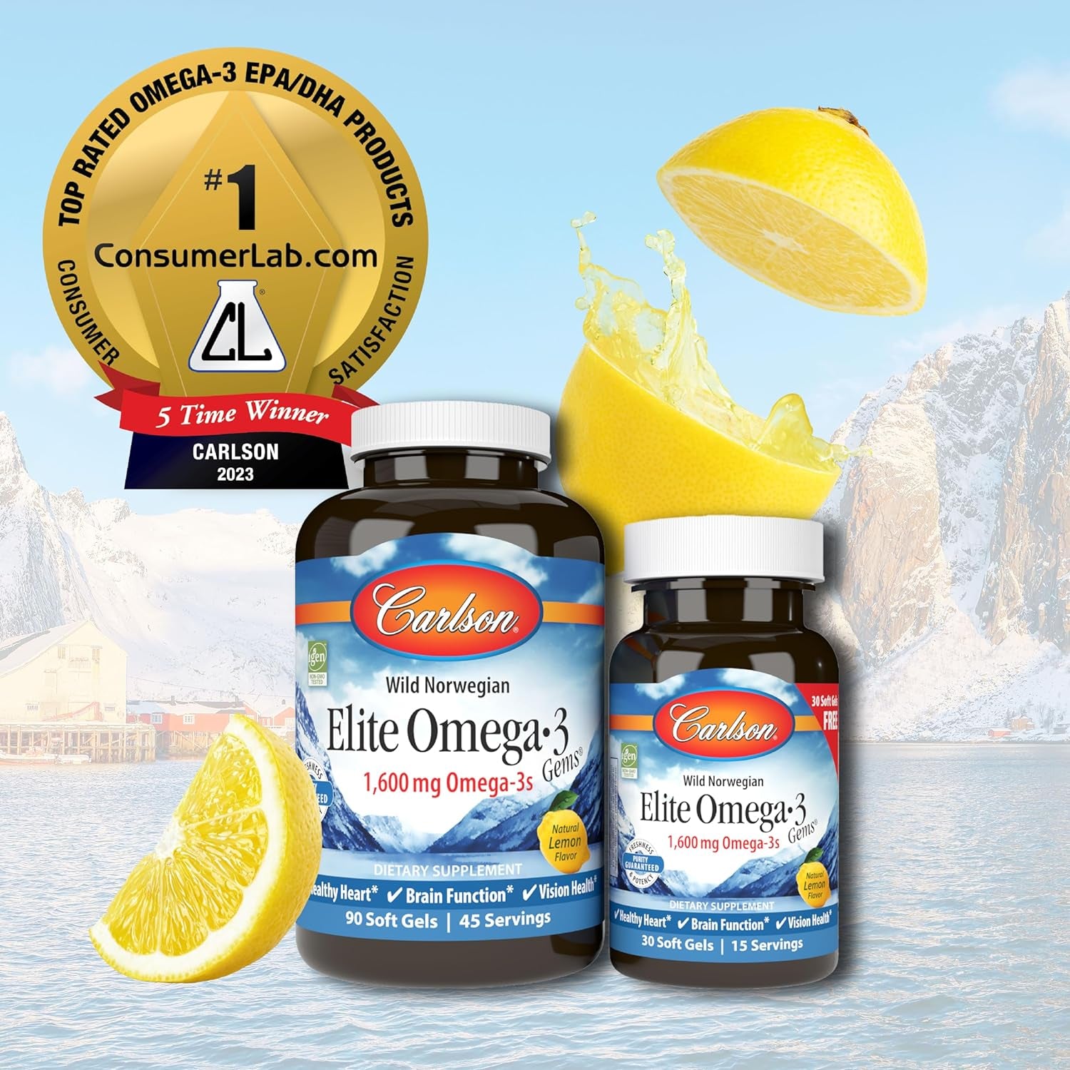 - Elite Omega-3 Gems, 1600 Mg Omega-3 Fatty Acids Including EPA and DHA, Norwegian Fish Oil Supplement, Wild Caught, Sustainably Sourced Capsules, Lemon, 90+30 Softgels